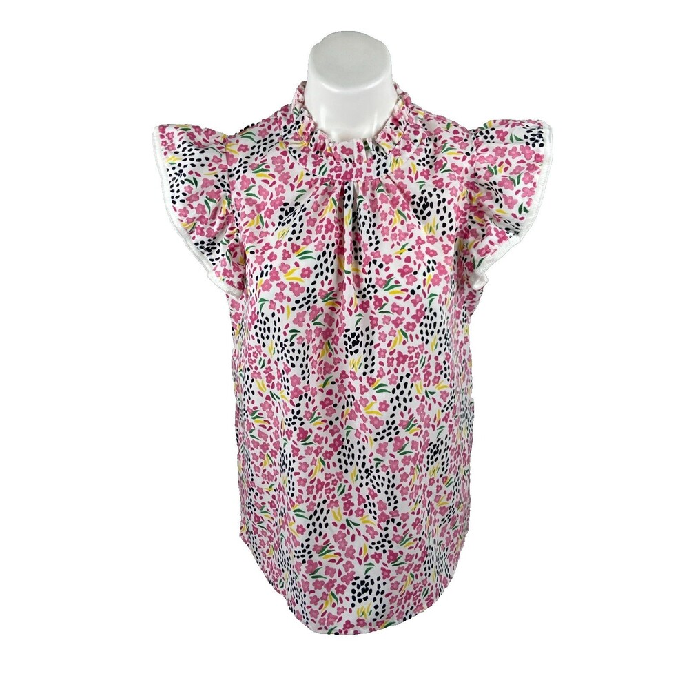 Pink Floral Women Large Blouse Ruffle Neck Multi Color Casual Top NWT